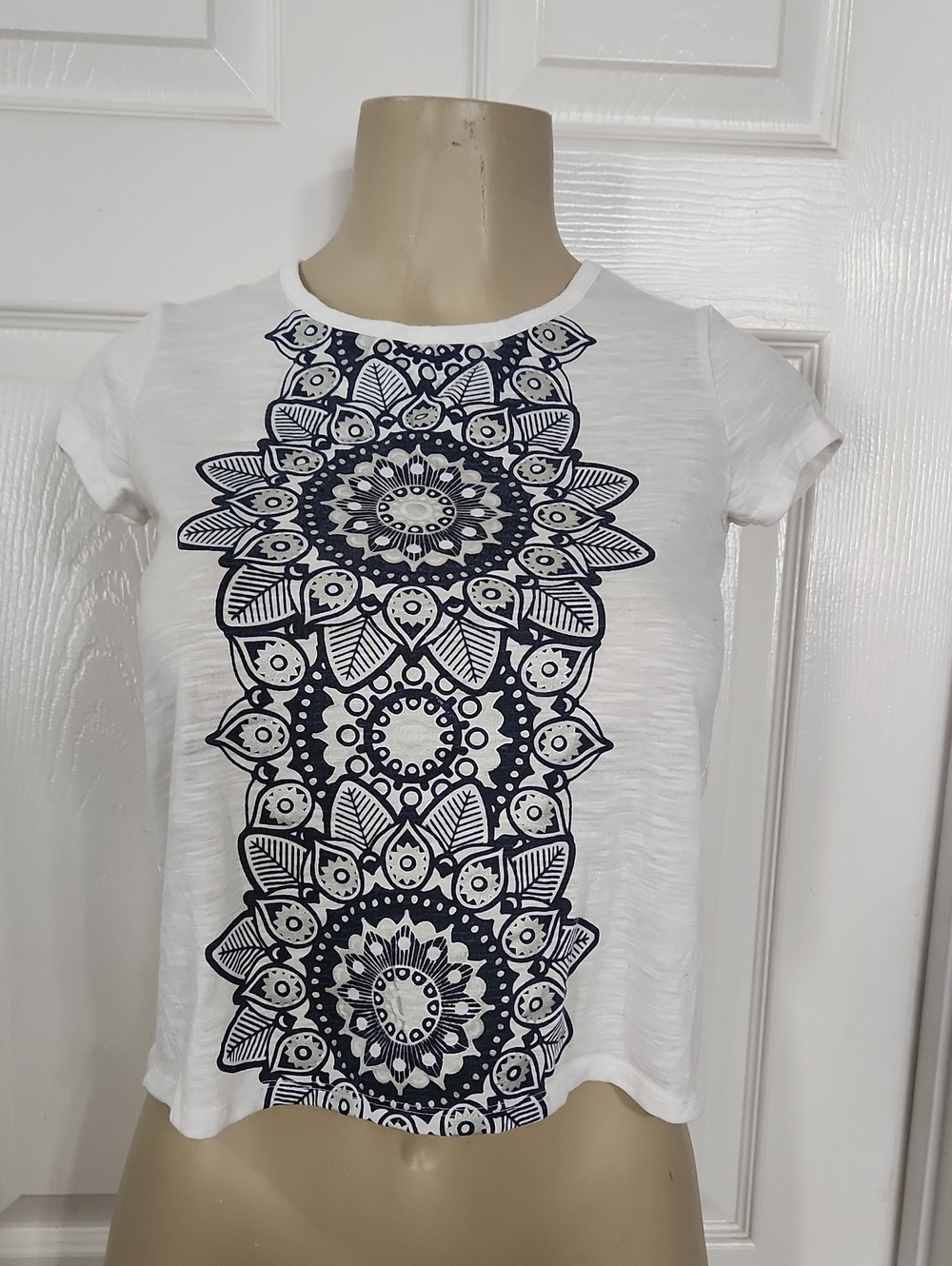 Girl's My Michelle White Crop Top with Navy Mandala Graphic